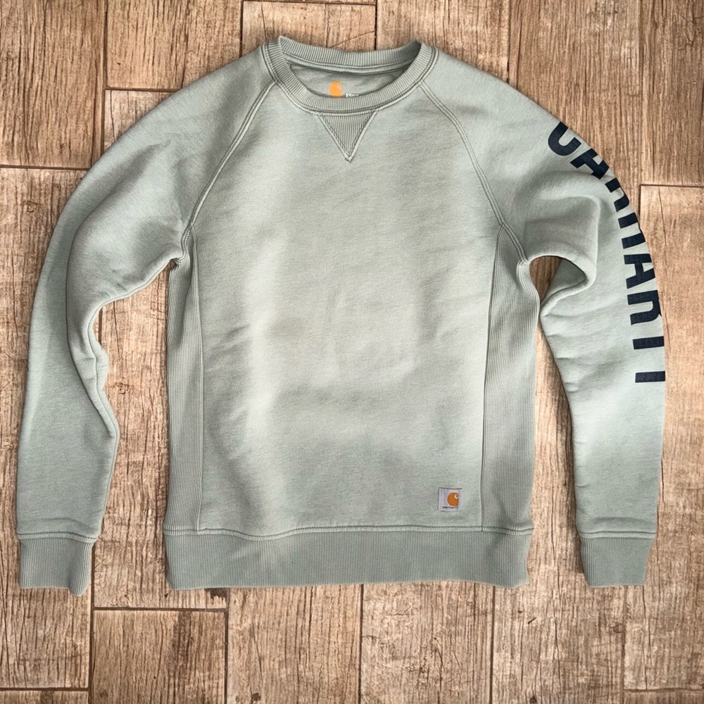 Carhartt Sweatshirt Womens XS Green Crewneck Sleeve Spellout Logo